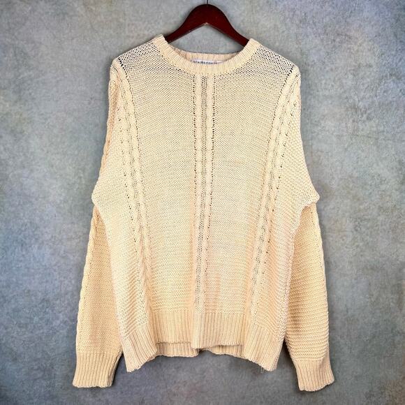 VTG 90s Claiborne Cable Knit Sweater Mens Sz L Yellow Pullover Crew Neck - Picture 1 of 8